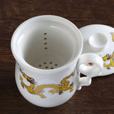 300ml Golden Dragon Ceramic White Porcelain Tea Mug Cup with lid Infuser Filter