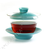 3Pcs 130ml Porcelain Glass Jingde Chinese Gaiwan Teacup Gongfu Teaset - Cyan Color