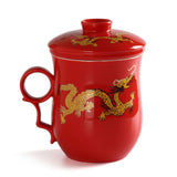 300ml Golden Dragon Ceramic Red Porcelain Tea Mug Cup with lid Infuser Filter