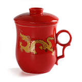 300ml Golden Dragon Ceramic Red Porcelain Tea Mug Cup with lid Infuser Filter