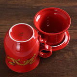 300ml Golden Dragon Ceramic Red Porcelain Tea Mug Cup with lid Infuser Filter