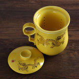 300ml Golden Dragon Ceramic Yellow Porcelain Tea Mug Cup with lid Infuser Filter